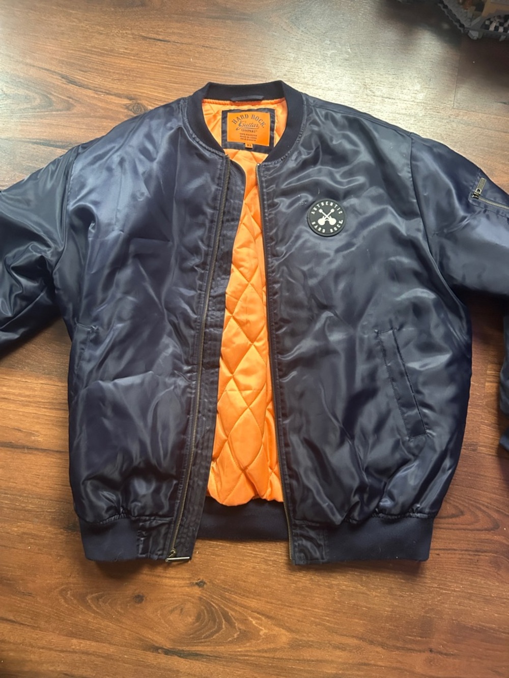 Hard Rock Cafe Navy Bomber Jacket with Orange Quilted Lining